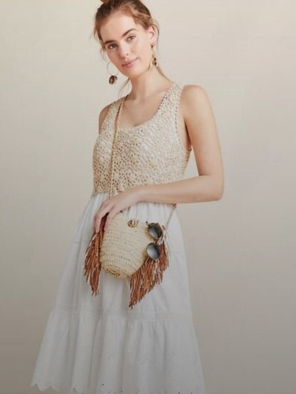 Anthropologie Cream Crochet Top White Eyelet Midi Dress